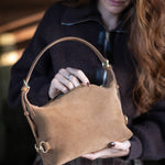 Tucker Tweed Equestrian Leather Handbags Bethany Bit Bag Suede- Limited Edition Milk Chocolate