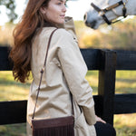 Tucker Tweed Equestrian Leather Handbags Wellington Wristlet Dark Chocolate Fringe LIMITED EDITION