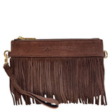 Tucker Tweed Equestrian Leather Handbags Wellington Wristlet Dark Chocolate Fringe LIMITED EDITION