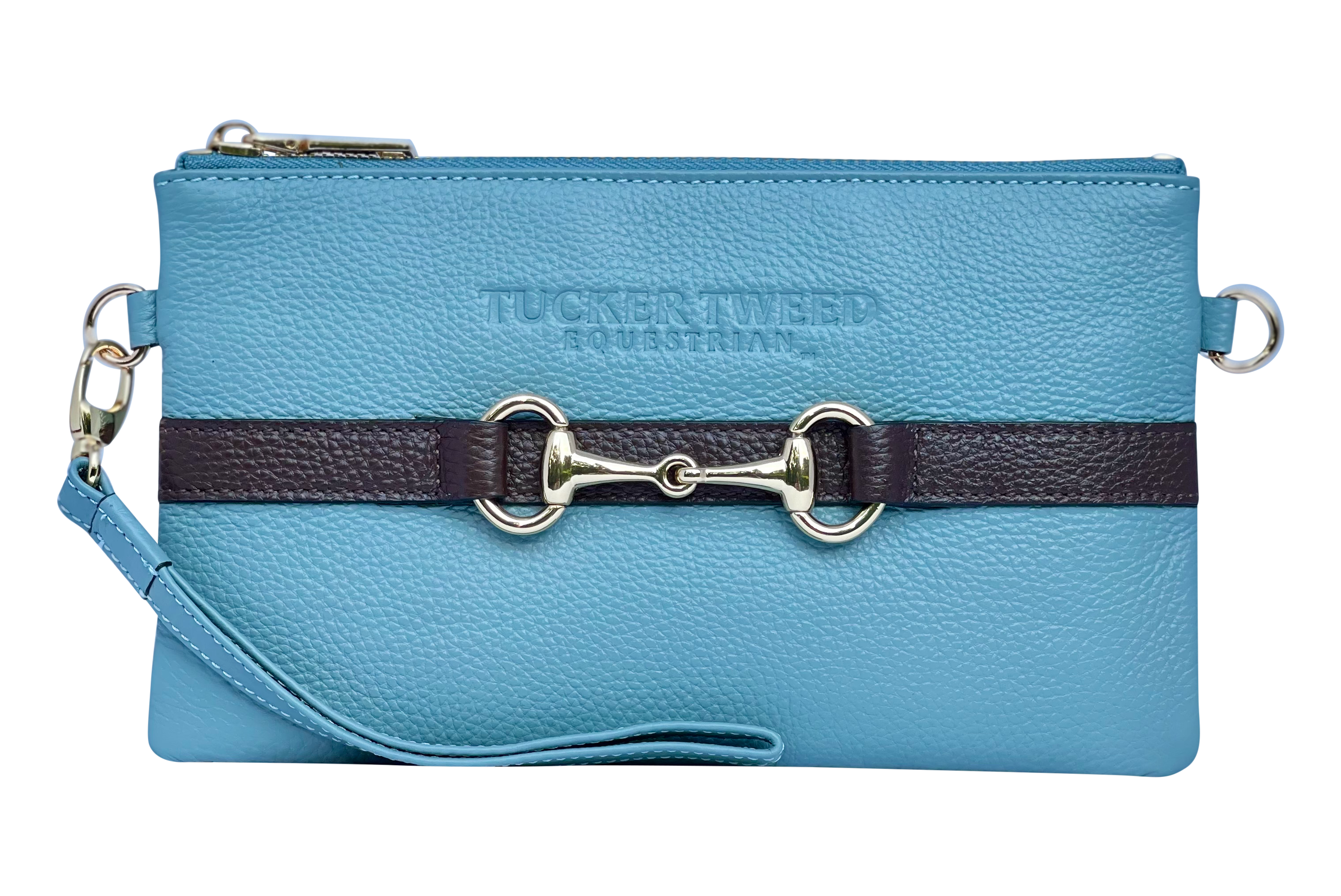 Tucker Tweed Leather Handbags Sky Blue/Dark Chocolate The Wellington Wristlet